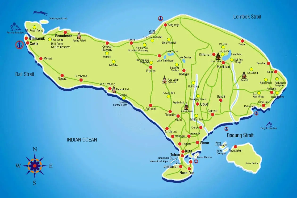 Mapa turystyczna Bali. Gdzie jest Bali? Znajdziesz tu plaże, wulkany, świątynie i parki.