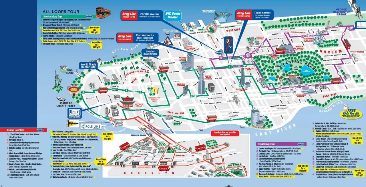 Mapa Nowego Jorku z trasami autobusów turystycznych. Znajdziesz tu ciekawe miejsca i punkty widokowe.