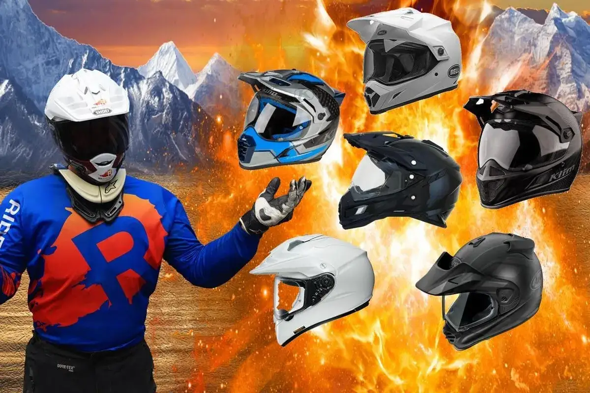 Hombre con casco de motocross y varios cascos flotando. Busca el casco mas silencioso para tu aventura.
