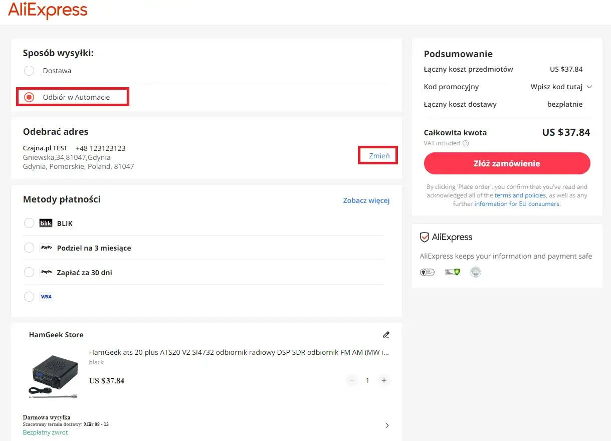AliExpress: odbiór w automacie, adres w Gdyni. Zamówienie odbiornika radiowego za 37.84 USD.