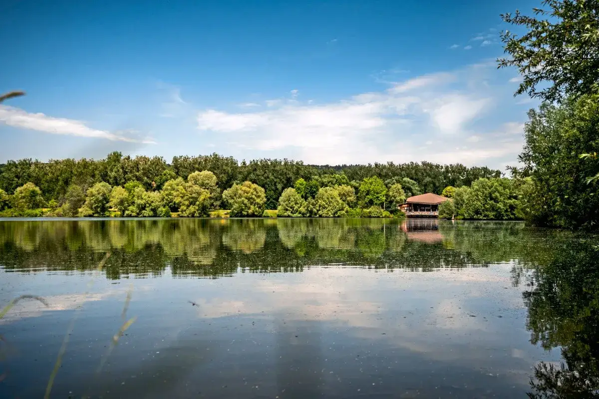Idyllischer Badesee Esslingen mit einem Geb&auml;ude am Ufer, umgeben von &uuml;ppigem Gr&uuml;n und spiegelnden Wasseroberfl&auml;chen unter blauem Himmel.