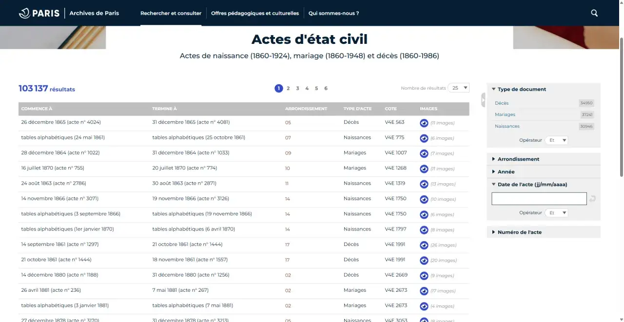 Archives de Paris : recherche d'actes d'&eacute;tat civil, naissances, mariages, d&eacute;c&egrave;s. Le site propose des filtres pour affiner la recherche, comme le type de document ou la date.