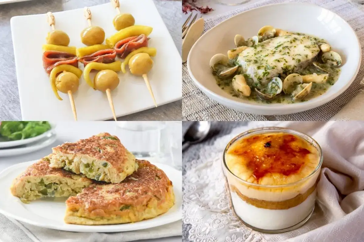 Cuatro platos t&iacute;picos vascos: pintxos, merluza en salsa verde, tortilla de patatas y postre de crema.