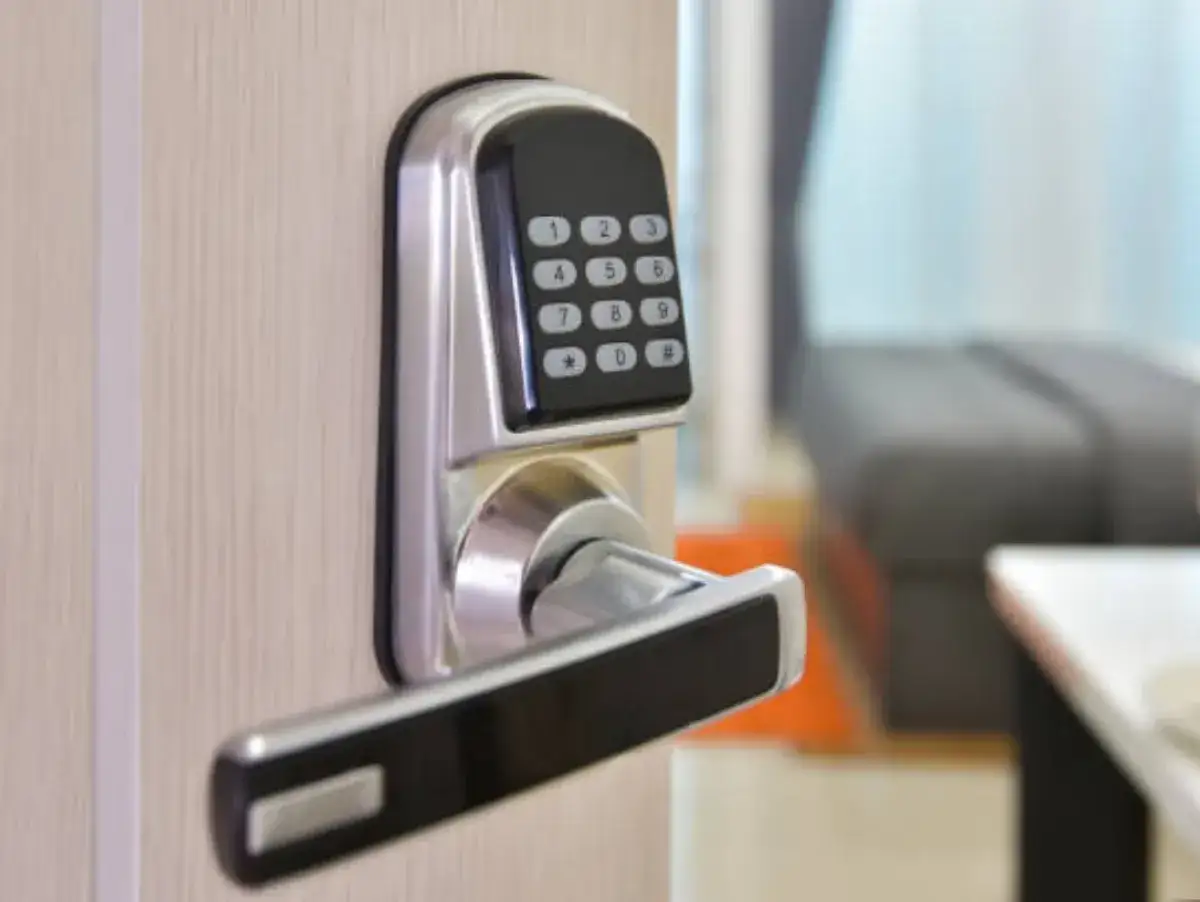 Digital door lock with keypad and handle. Learn how to change door lock code for enhanced security.