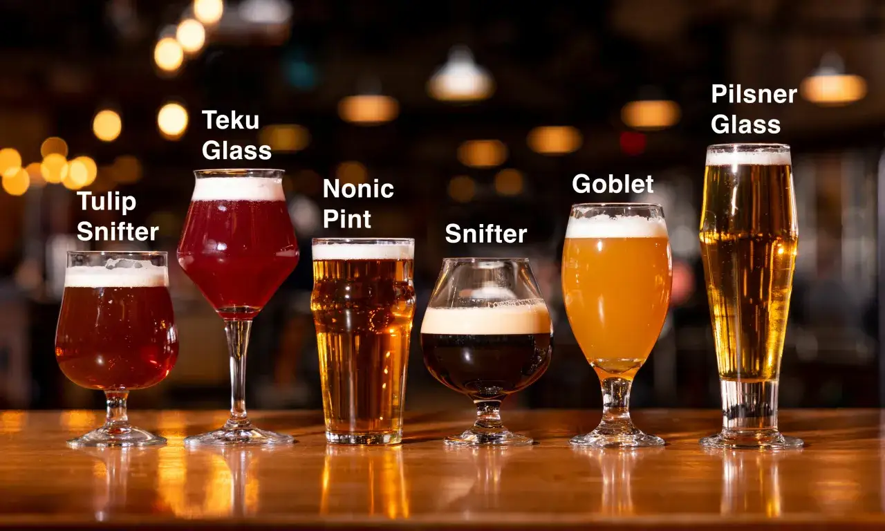 Sei bicchieri di birra diversi, da un Tulip Snifter a un Pilsner Glass, mostrano quanto è una pinta di birra.