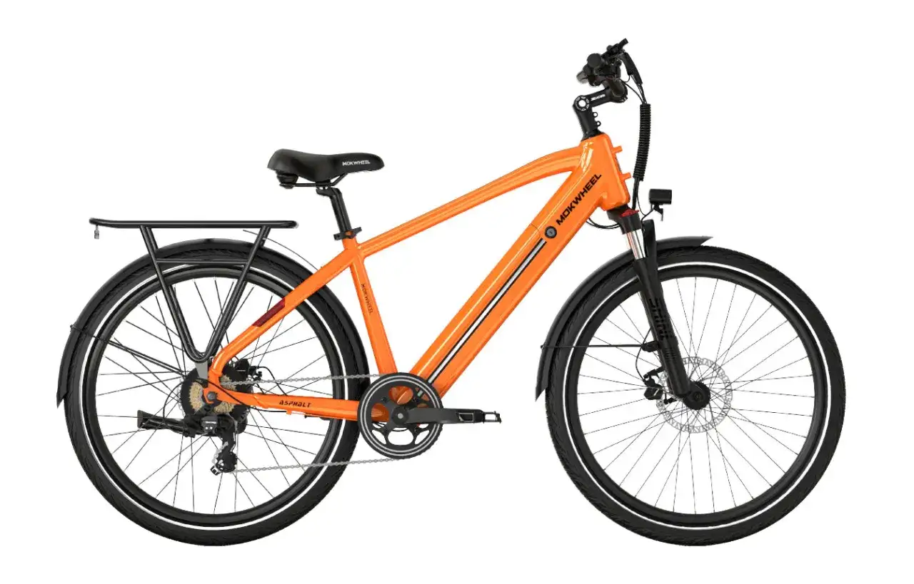 An orange electric bike with fenders and a rear rack, perfect for road mountain biking adventures.