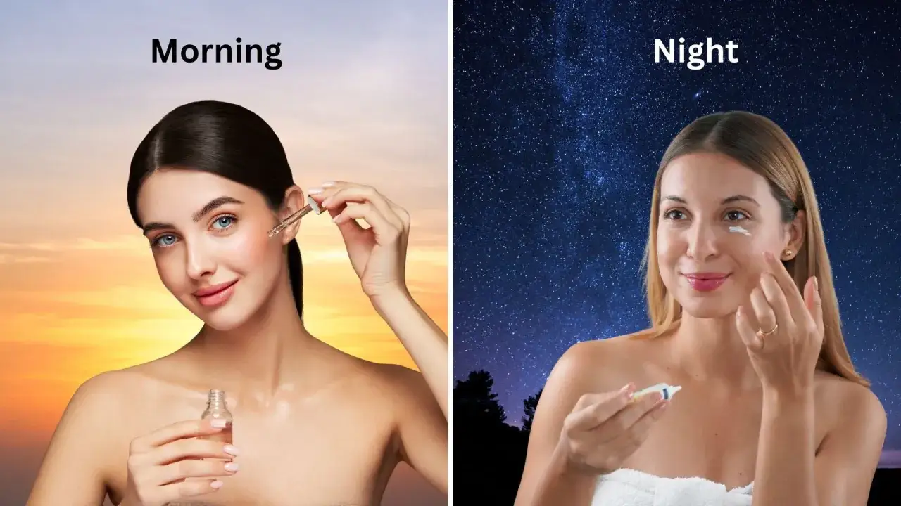 Rutina de día y noche: serum con vitamina C por la mañana y crema con retinol por la noche para una piel radiante.