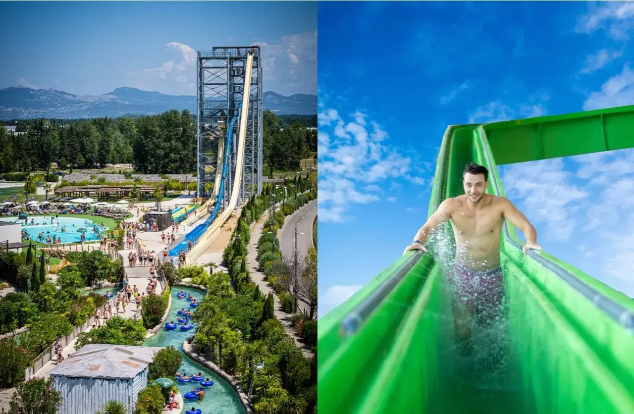 Amusement dans le parc aquatique de Monteux : toboggans géants, rivière lente et baignade sous un ciel bleu éclatant.