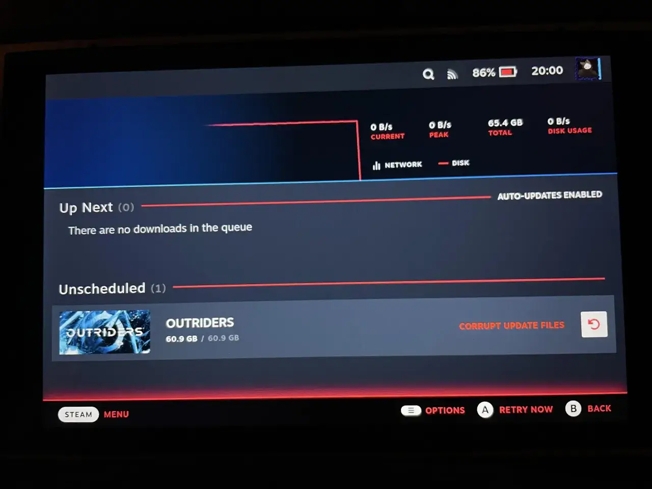 Steam: Outriders ma uszkodzone pliki aktualizacji. Brak pobrań w kolejce, ale gra jest na liście nieplanowanych.