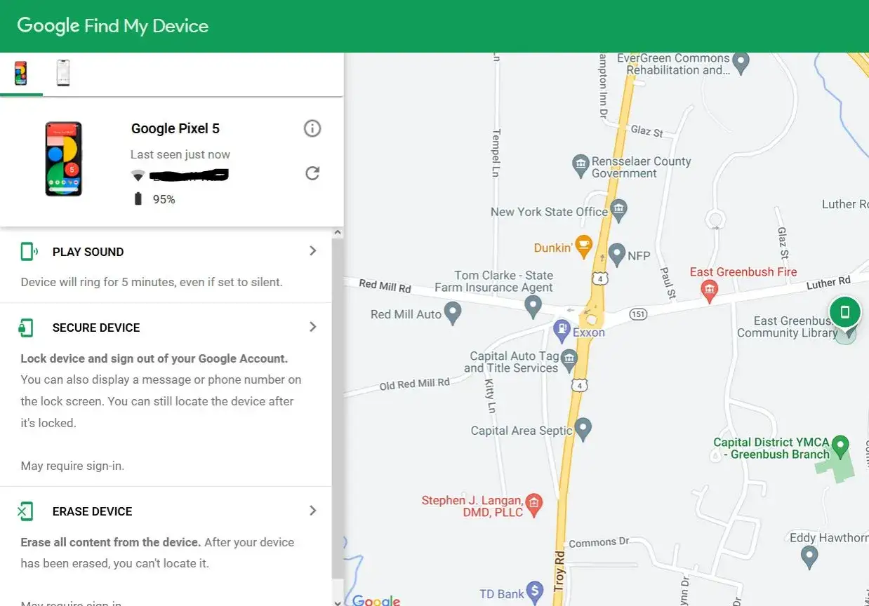 Jak znaleźć rozładowany telefon? Aplikacja Google Find My Device pokazuje lokalizację telefonu Pixel 5 z 95% baterii. Możesz odtworzyć dźwięk, zabezpieczyć lub wymazać urządzenie.