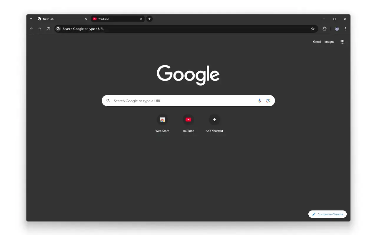 Nowa karta Google Chrome z ciemnymi motywami. Widoczna wyszukiwarka, ikony YouTube, Web Store i opcja dodania skrótu.