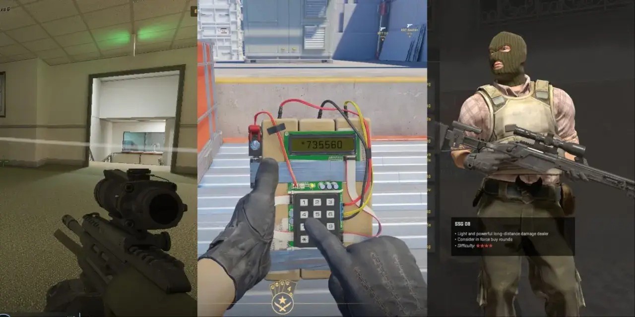 Trzy sceny z gry Counter-Strike 2: widok z bronią w korytarzu, ręka wpisująca kod na bombie, snajper z karabinem SSG 08.