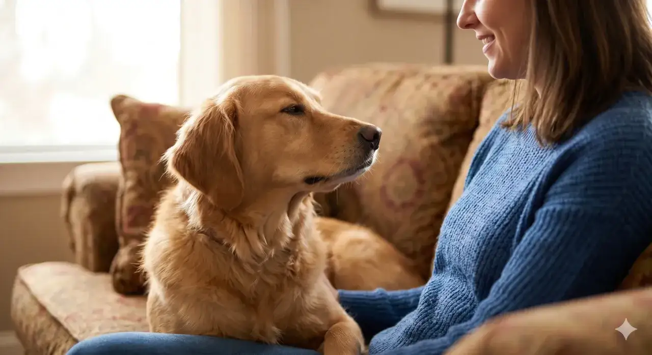Un perro golden retriever mira tiernamente a su dueña, sentados juntos en un sofá. Una escena que te ayuda a saber si mi perro me quiere.
