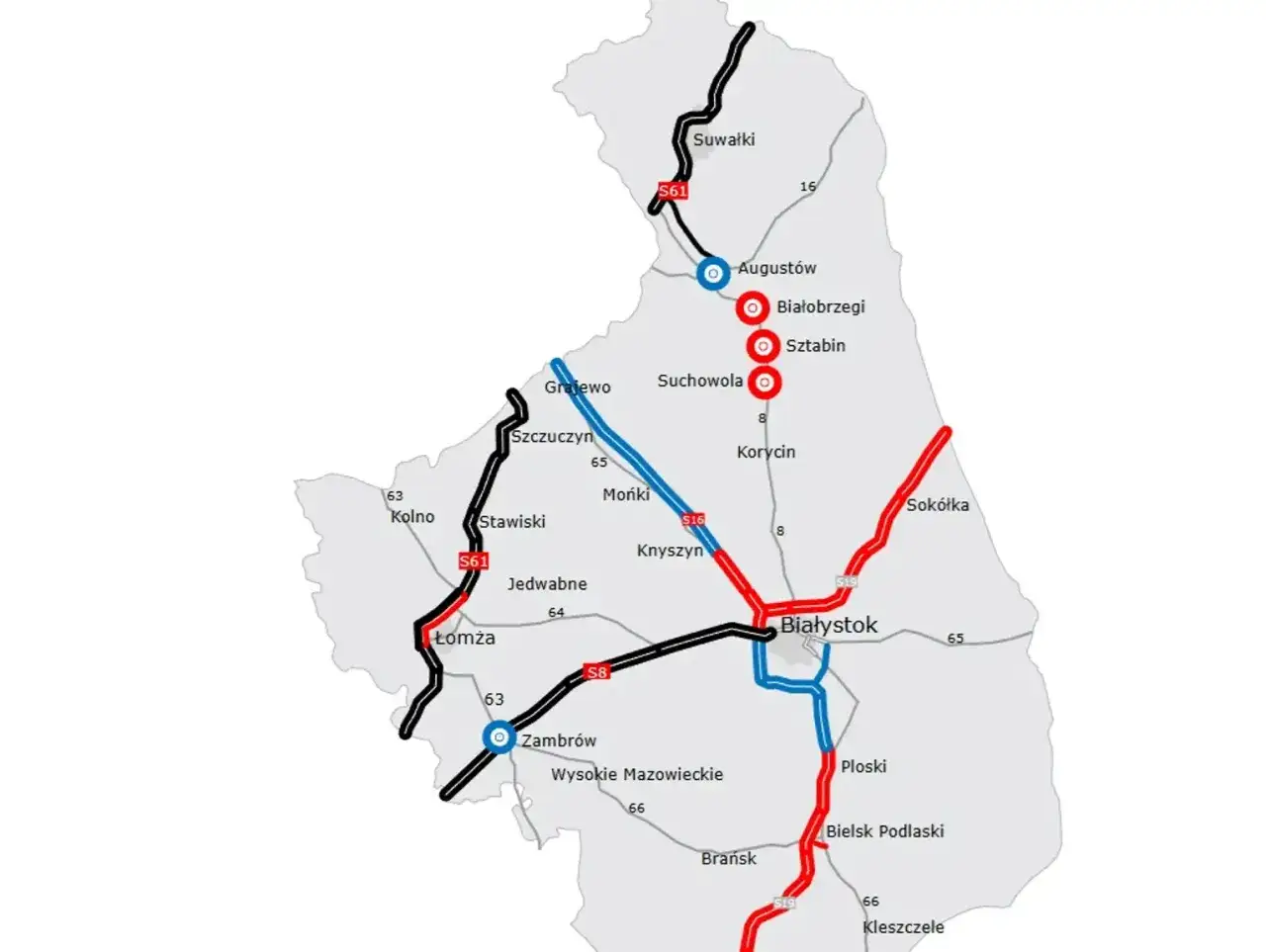 Mapa dróg z zaznaczonymi trasami S61 i S8, łączącymi Białystok z Suwałkami i innymi miastami.