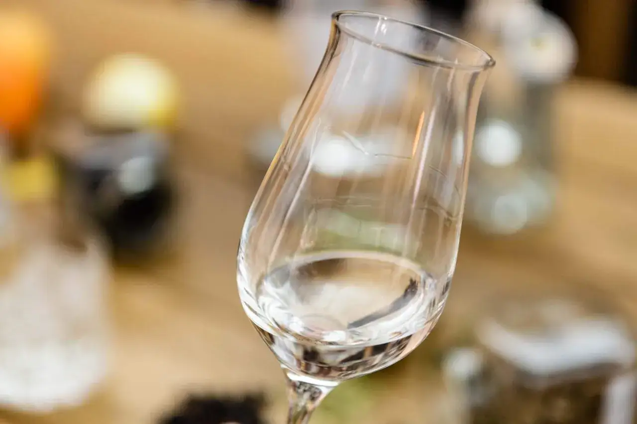 Ein Glas mit klarem Gin, perfekt f&uuml;r die richtige Trinktemperatur. Im Hintergrund unscharf: Botanicals und Gew&uuml;rze.