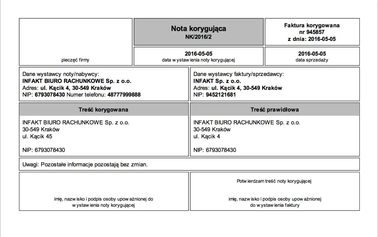 różnica nota korygująca faktura korygująca
