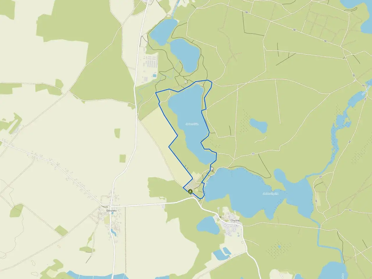 Mapa turystyczna z zaznaczoną trasą wokół Jeziora Chycina i Jeziora Bledzewo. Widoczne wsie Goruńsko i Chycina.