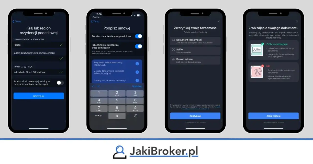 Proces weryfikacji tożsamości w aplikacji JakiBroker.pl, umożliwiający **freedom24**. Użytkownik podaje dane rezydencji podatkowej i status FATCA.