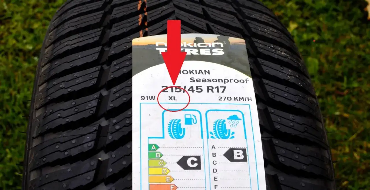 Opona z oznaczeniem XL oznacza zwiększoną nośność. Na etykiecie widać rozmiar 215/45 R17 XL.