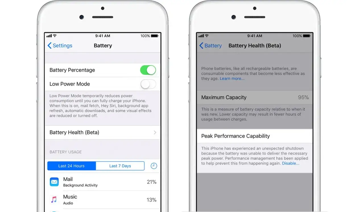 iPhone 6-inst&auml;llningar visar batterih&auml;lsa. D&aring;lig batteritid kan bero p&aring; slitage, som visas h&auml;r med 95% maxkapacitet.