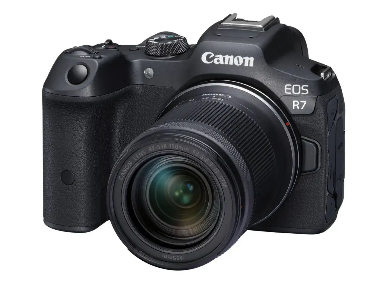 Czarny aparat Canon EOS R7 z obiektywem RF-S 18-150mm. Idealny do uchwycenia każdej chwili, dostarczając profesjonalne eosinfo.