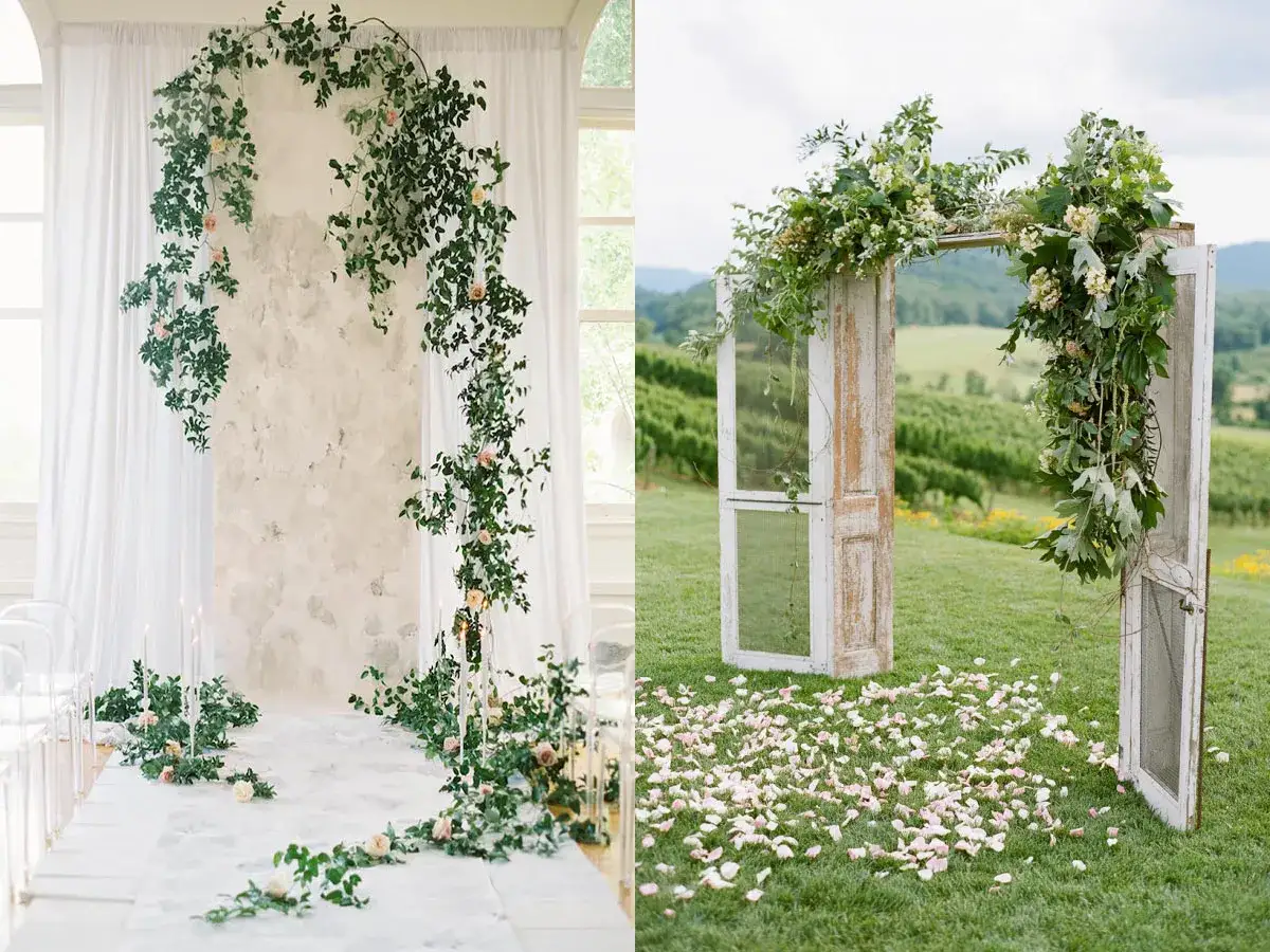 D&eacute;corations florales pour une c&eacute;r&eacute;monie la&iuml;que exemple : arche de verdure et roses, et porte ancienne orn&eacute;e de feuillage.
