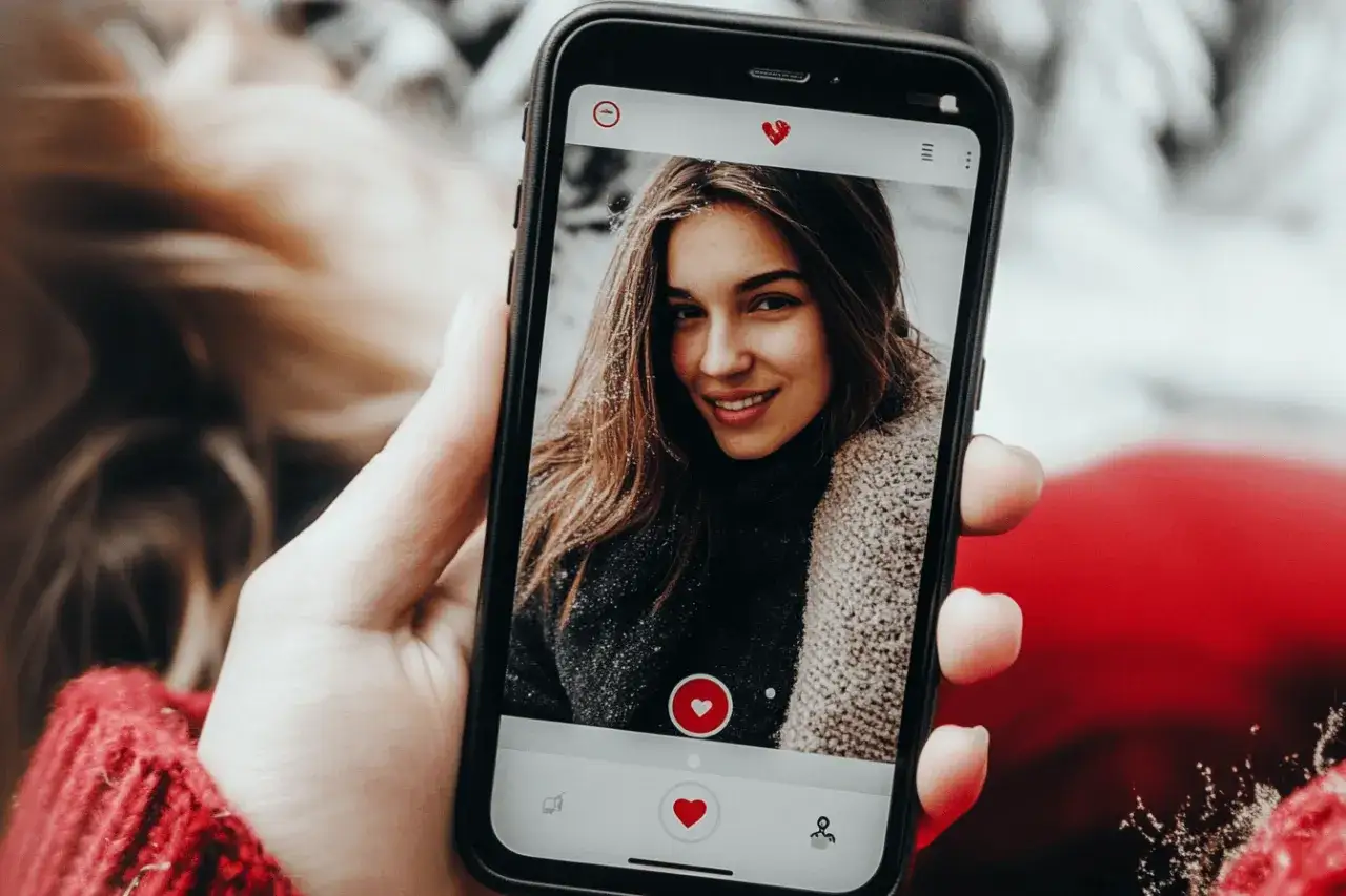 Une main tient un smartphone affichant une jeune femme souriante sur une appli de rencontre. Le cœur rouge symbolise l'intérêt.