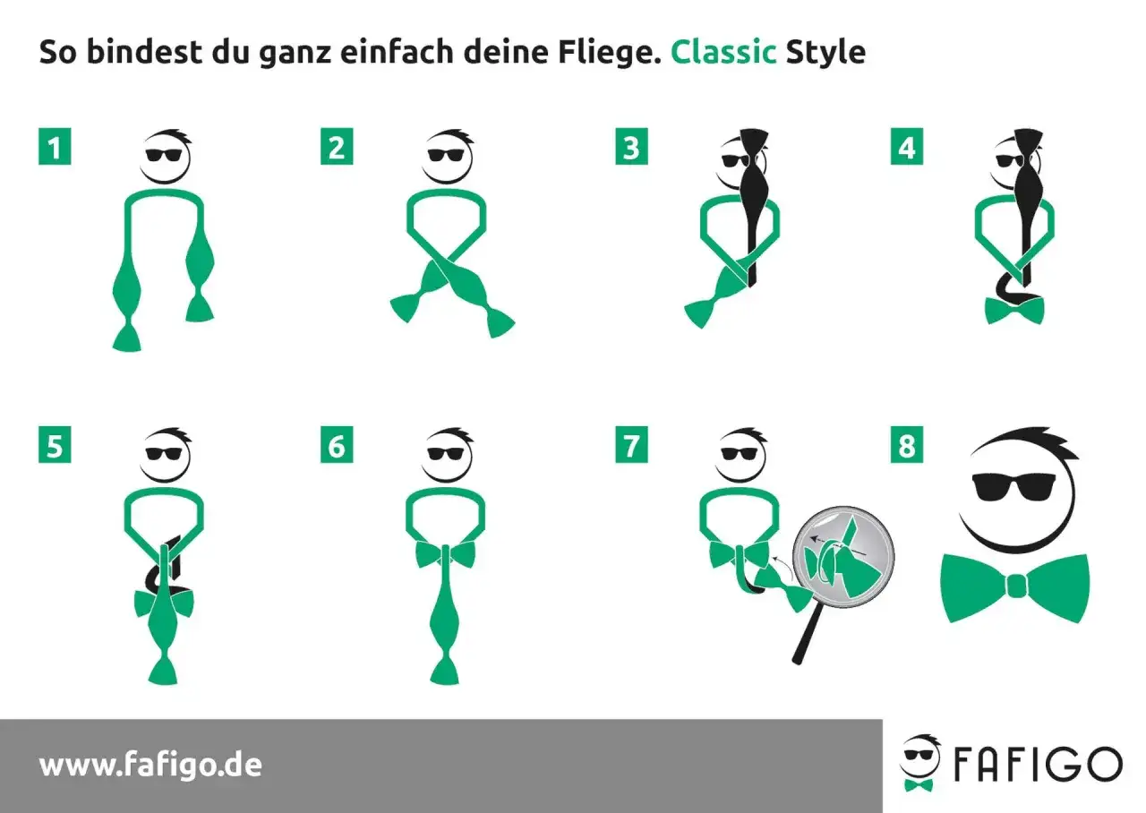 Schritt-für-Schritt-Anleitung, wie man eine Fliege bindet. Die Illustrationen zeigen, wie man die Krawatte formt, um eine perfekte Fliege zu tragen.