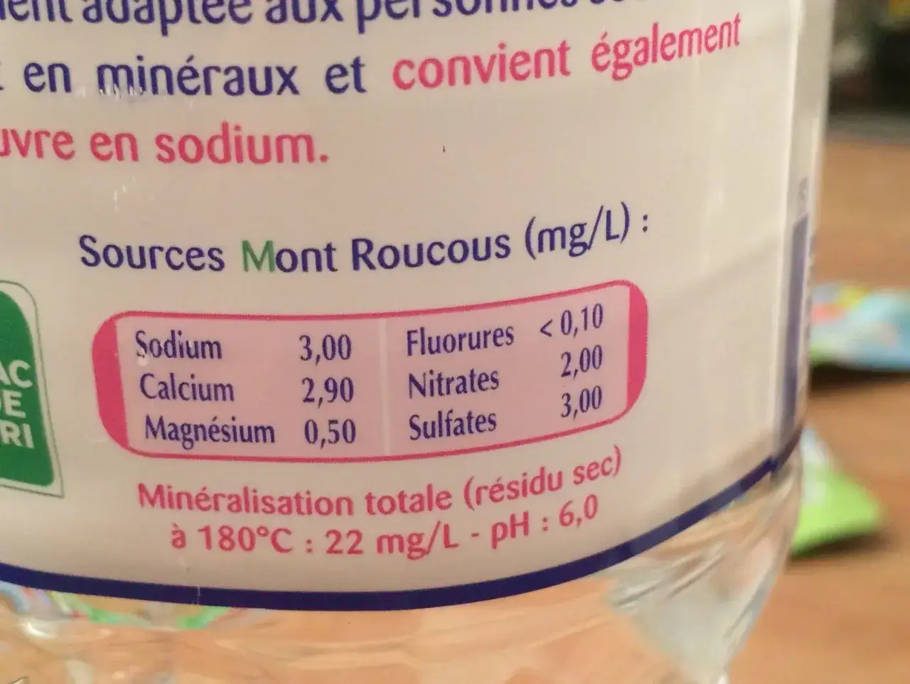 Tableau nutritionnel de l'eau Mont Roucous. Attention, le sodium est pr&eacute;sent.