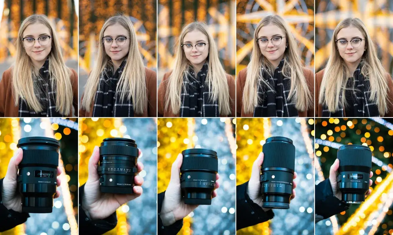 Kobieta w okularach i szalik, a poniżej różne rodzaje obiektywów: 50mm, 65mm, 85mm, 105mm, 135mm.
