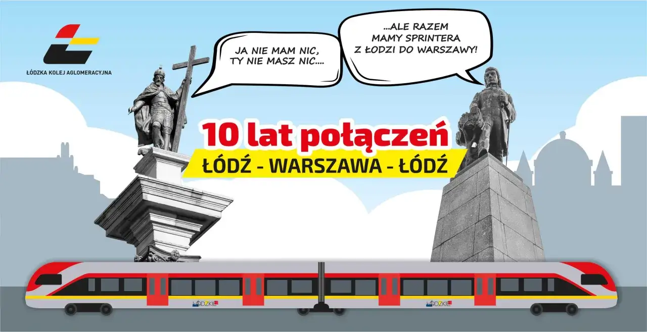 Łódzki pociąg sprinter świętuje 10 lat połączeń z Warszawą. Dwa pomniki rozmawiają o podróżach.