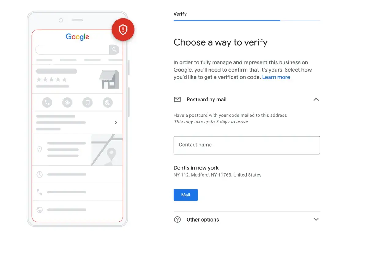 Weryfikacja firmy Google. Wybierz pocztówkę pocztą, aby otrzymać kod weryfikacyjny.