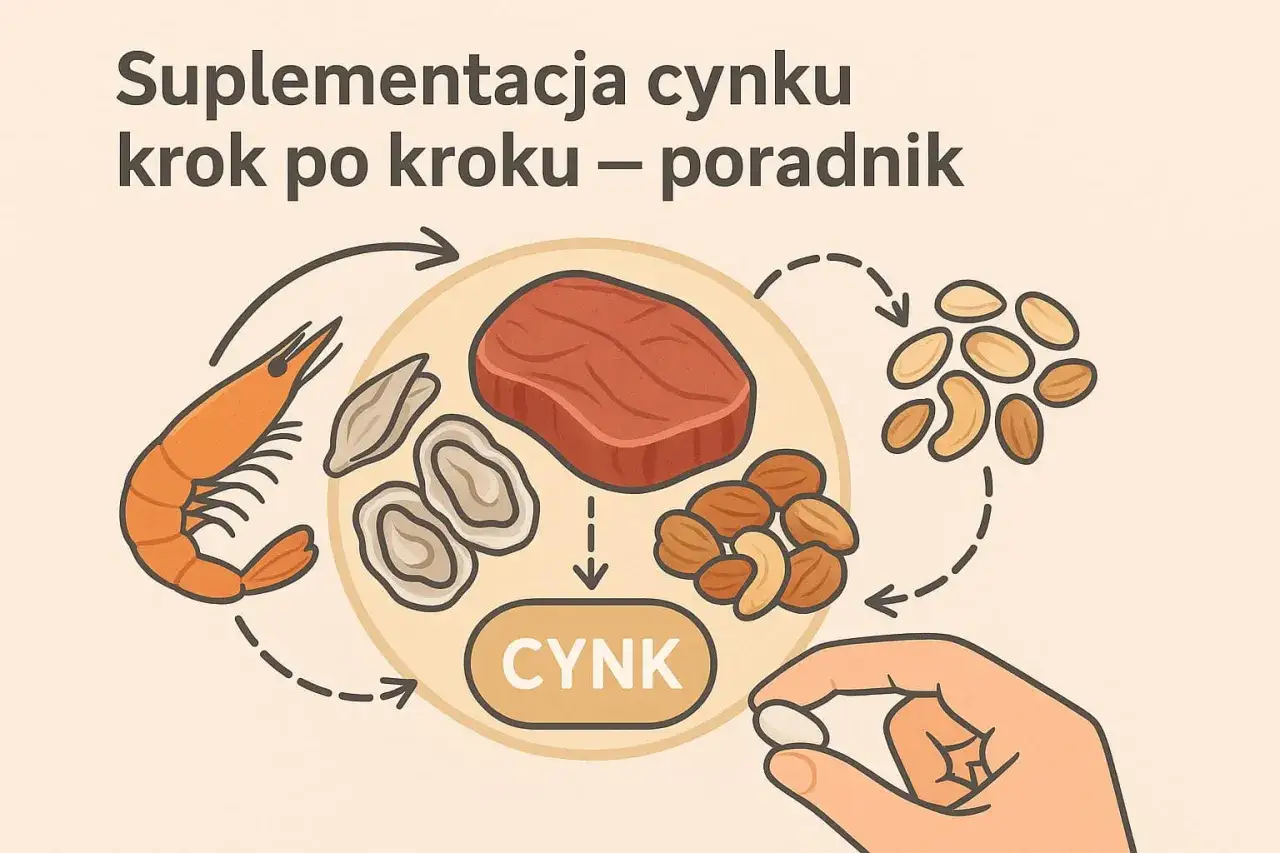 Ilustracja pokazuje, na co pomaga cynk: mięso, owoce morza, orzechy i suplementy.