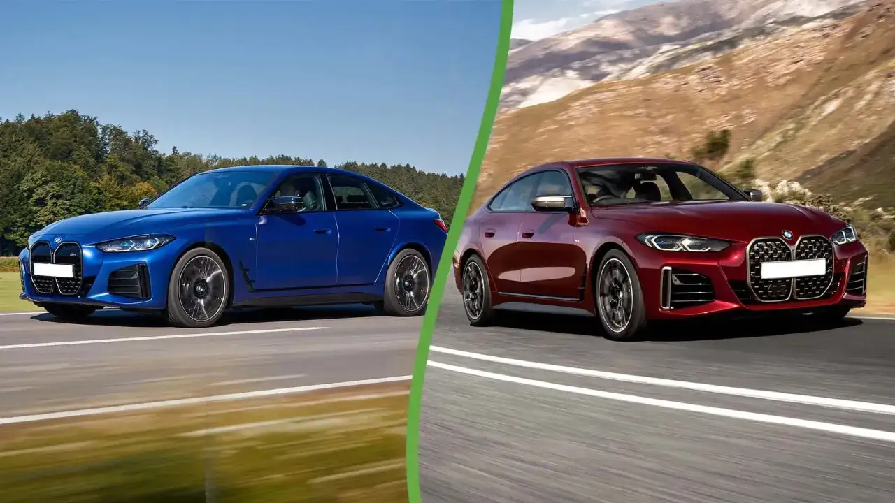 Dwa sportowe BMW Gran Coupe, niebieskie i czerwone, pędzą po drogach w malowniczych krajobrazach.