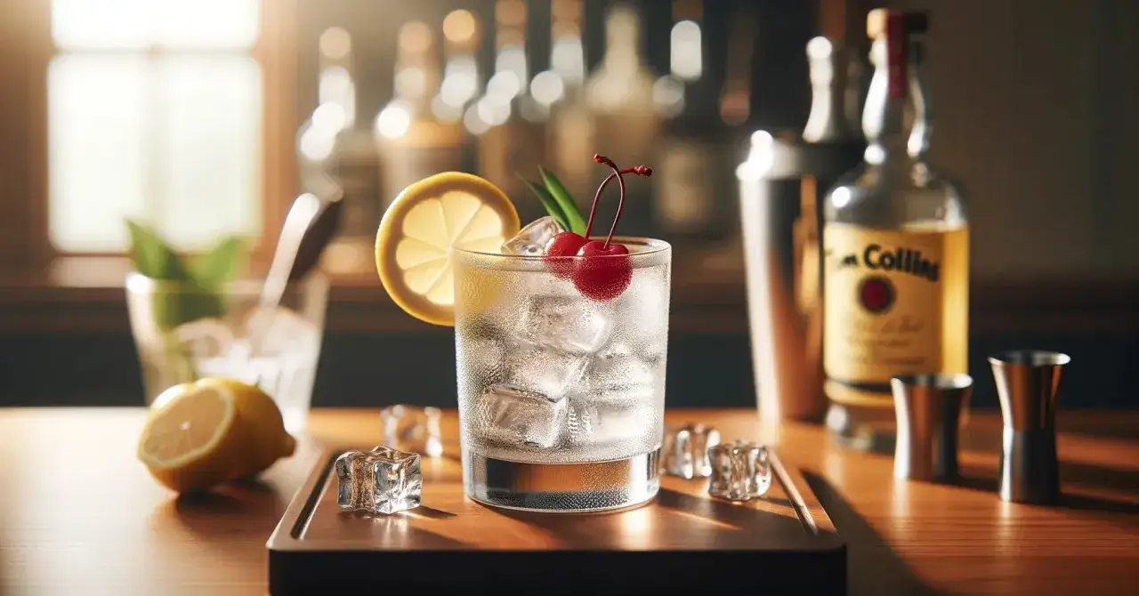 Orzeźwiający Tom Collins z cytryną i wiśnią, gotowy do podania. Na blacie butelka, shaker i kostki lodu.
