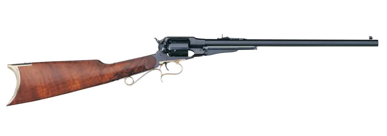Elegancki Uberti Remington 1858 z drewnianą kolbą i metalowymi elementami, gotowy do akcji.