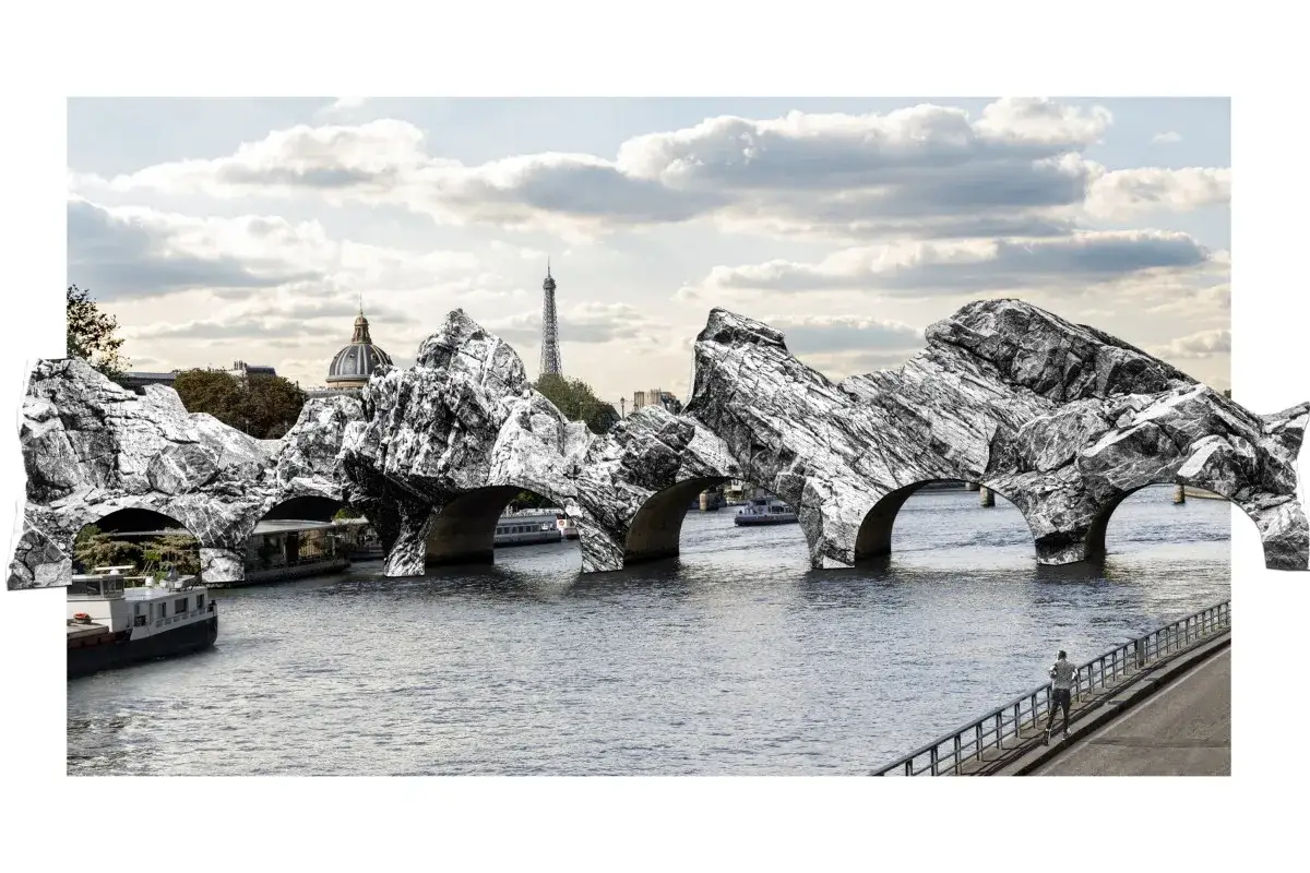 Un pont rocheux sur la Seine, avec la Tour Eiffel en arri&egrave;re-plan. Un joggeur admire cette vision sur le jr pont neuf.