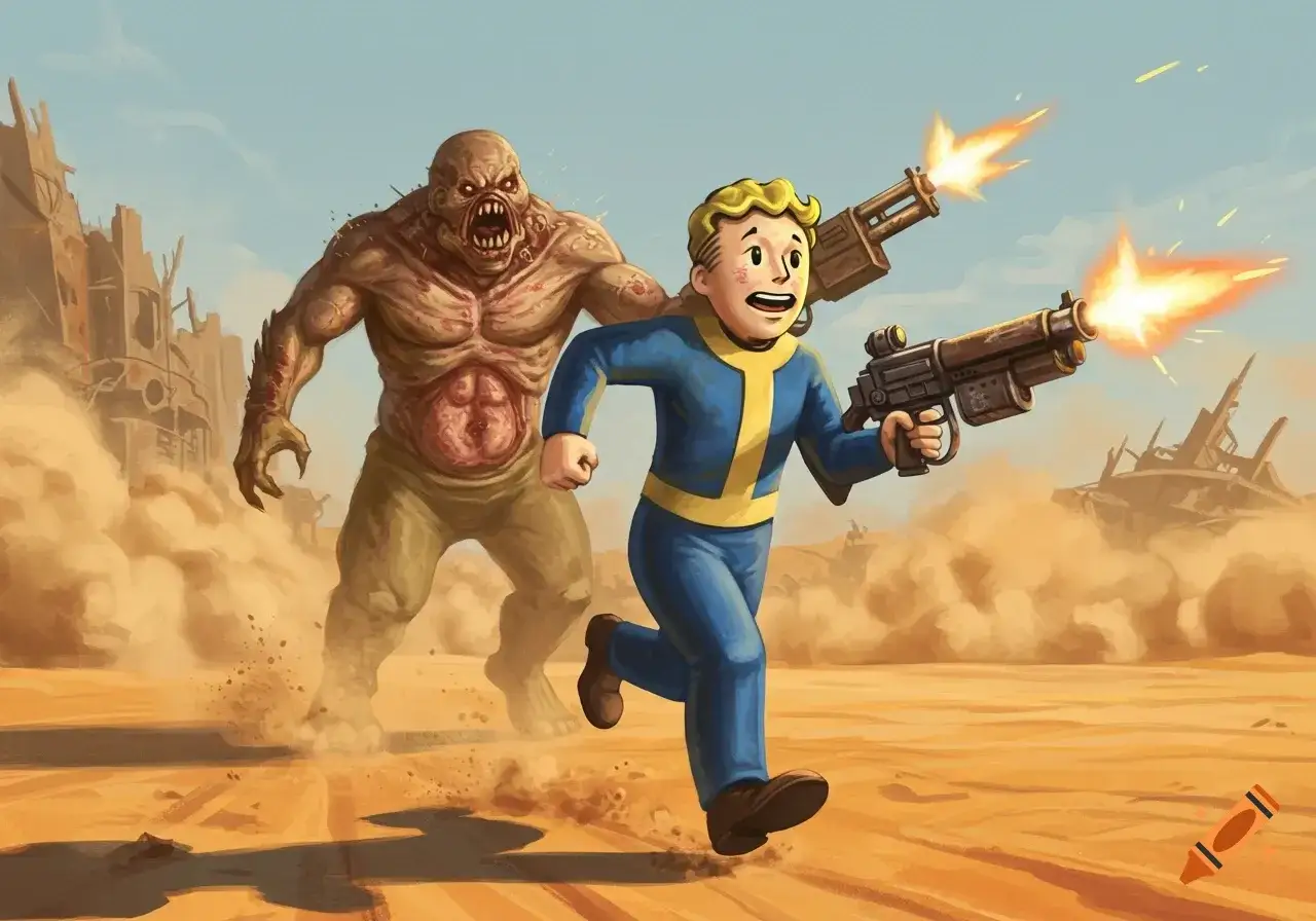 Chłopiec w niebieskim kombinezonie Vault-Tec ucieka przed potworem, strzelając z broni. To może być zapowiedź **fallout 5**!