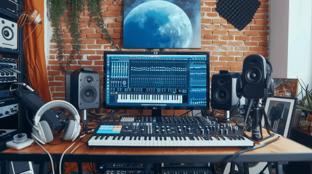Studiu muzyczne z klawiaturą, monitorami i słuchawkami. Na ekranie widać program do produkcji muzyki, sugerujący wykorzystanie sztucznej inteligencji w tworzeniu dźwięków.