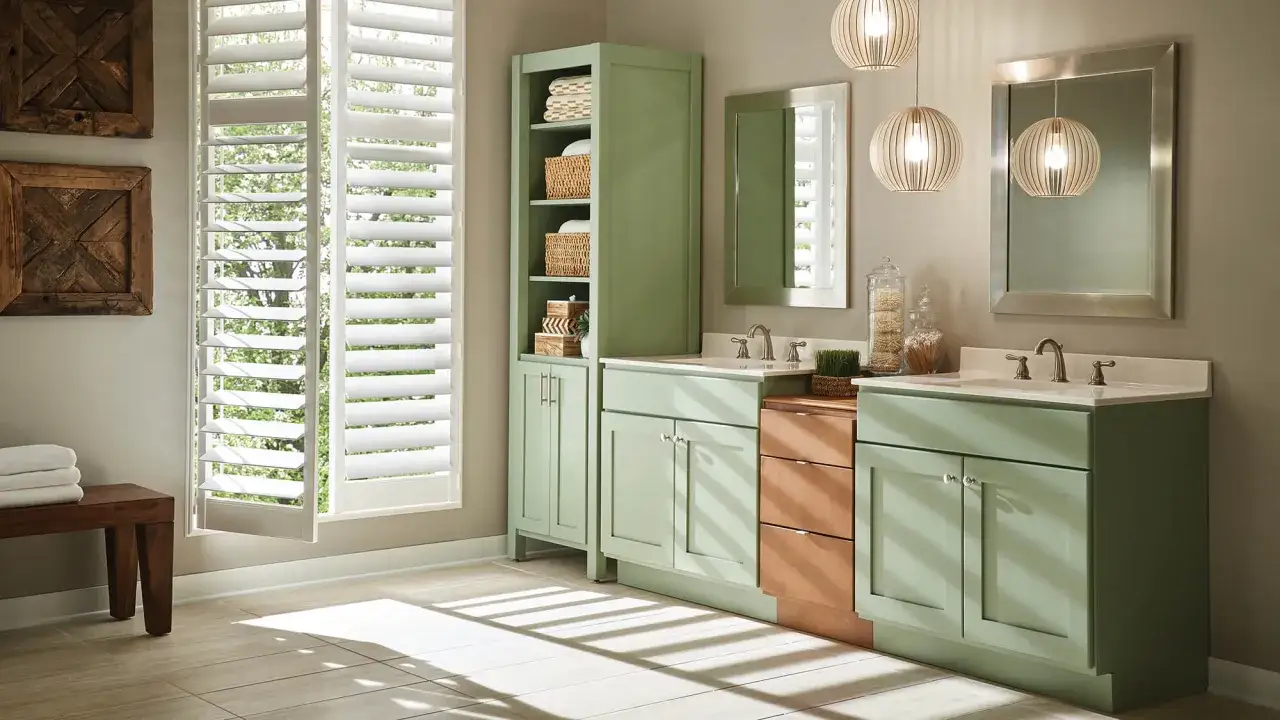 Sage green vanities offer a fresh, natural look, proving to be the best vanity color for small bathrooms, creating a serene and spacious feel.