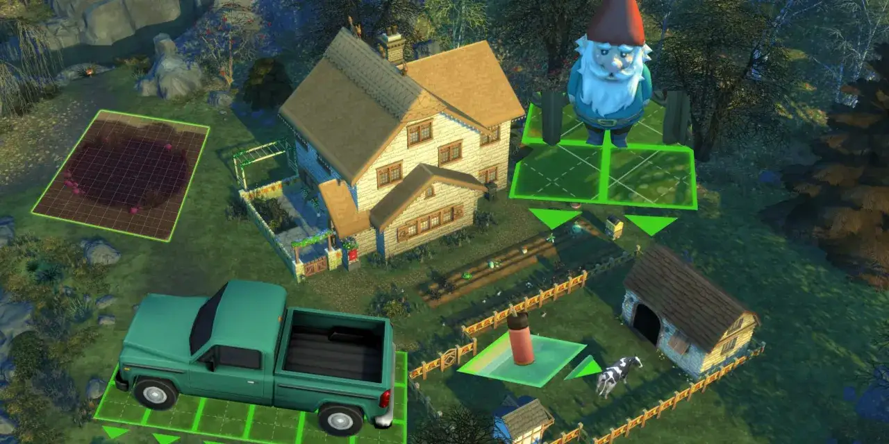 Wirtualna posiadłość w The Sims 4: dom, ciężarówka, ogród, krasnal i krowa.