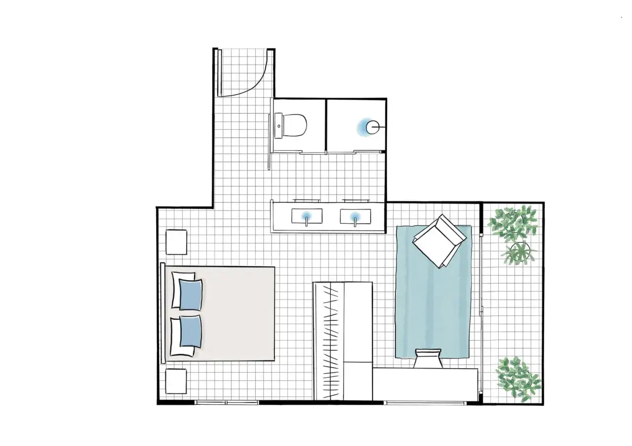 Plano de c&oacute;mo distribuir un dormitorio de matrimonio con ba&ntilde;o integrado, doble lavabo, ducha, inodoro y zona de estar con plantas.