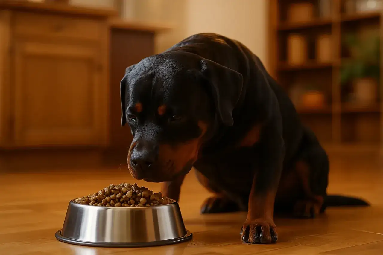 Un Rottweiler concentré sur son alimentation, une gamelle de croquettes devant lui.