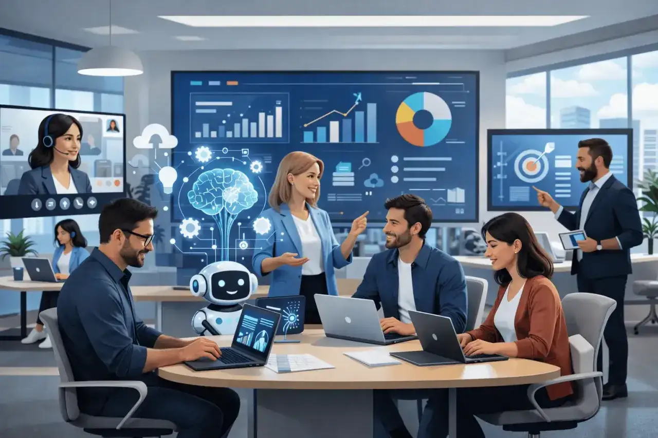 Ett team diskuterar dataanalys med en AI-chef. En hj&auml;rna och en robot syns p&aring; sk&auml;rmen.