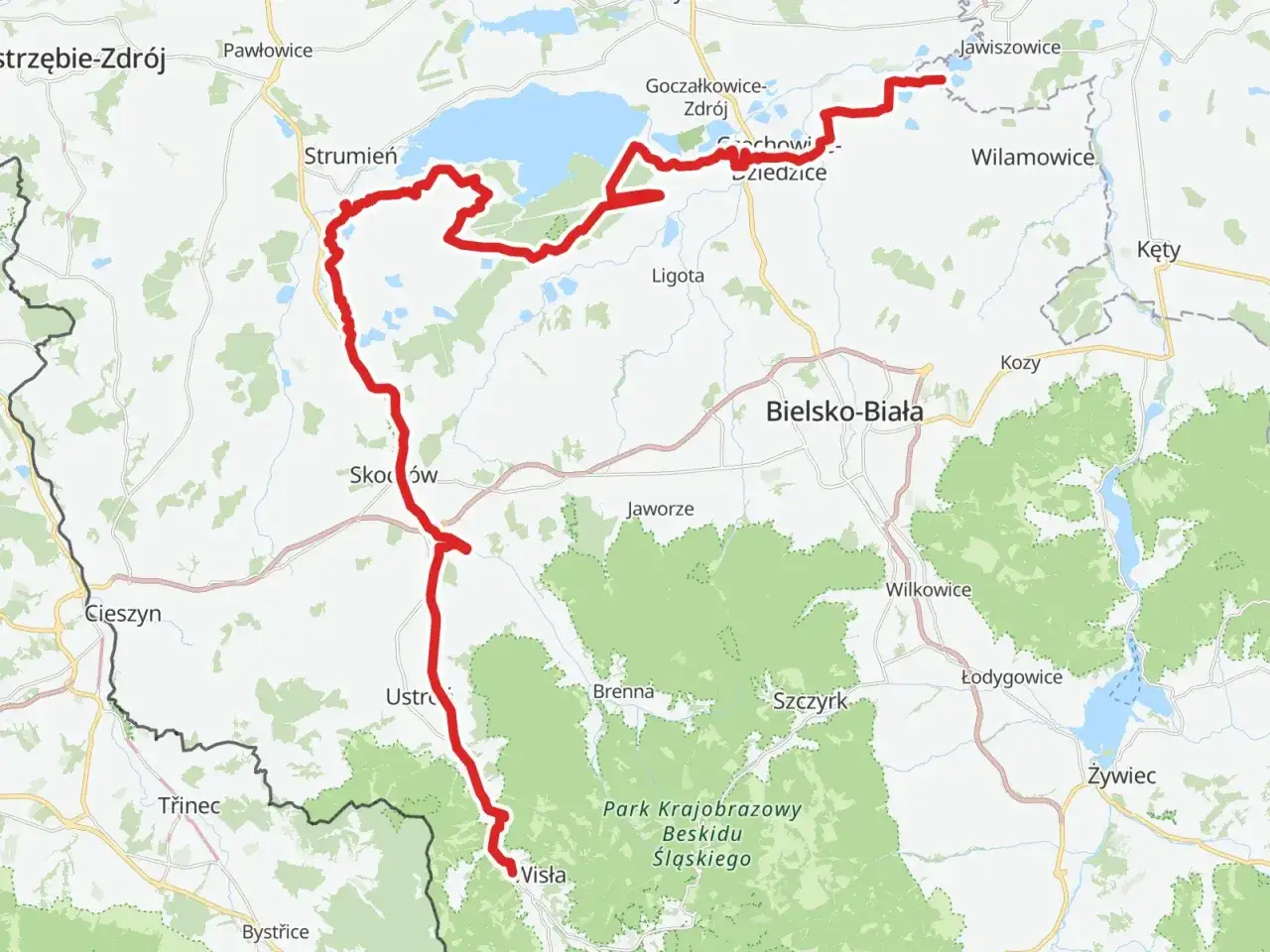 Mapa tras velo Polska: czerwona linia wyznacza malowniczą trasę rowerową przez Beskid Śląski, od Wisły po Jezioro Goczałkowickie.