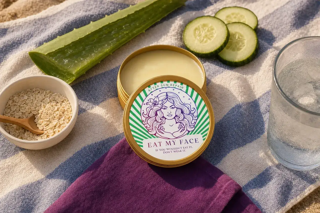 Zutaten für After Sun selber machen: Aloe Vera, Gurkenscheiben, Haferflocken und eine Dose 