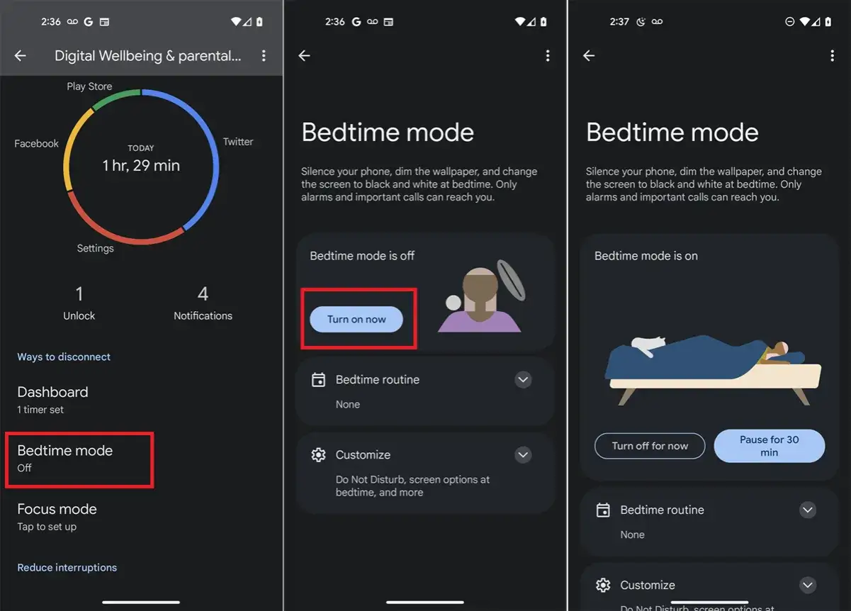 Configuraci&oacute;n del modo descanso para silenciar el tel&eacute;fono y atenuar la pantalla.