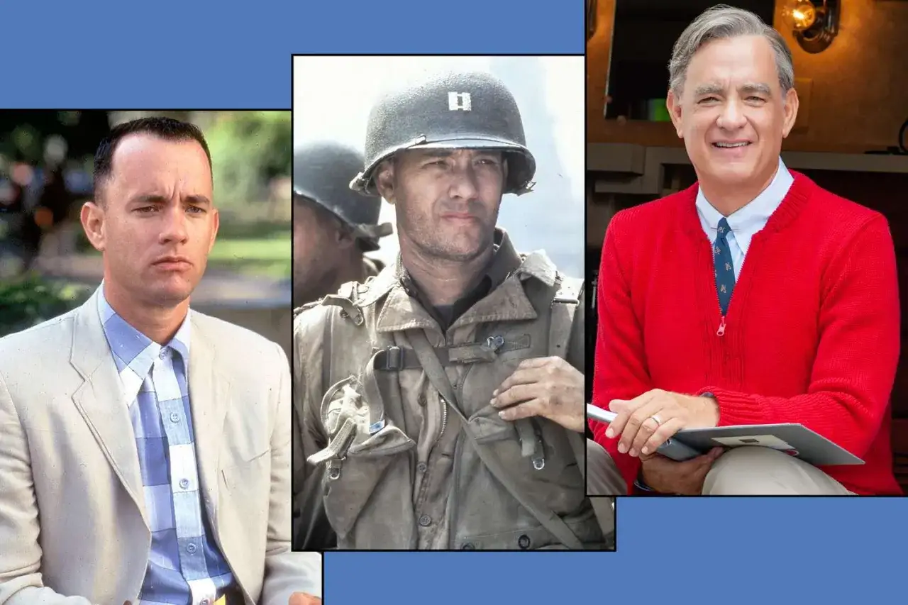 Tom Hanks w rolach z filmów: Forrest Gump, Szeregowiec Ryan i Mister Rogers.