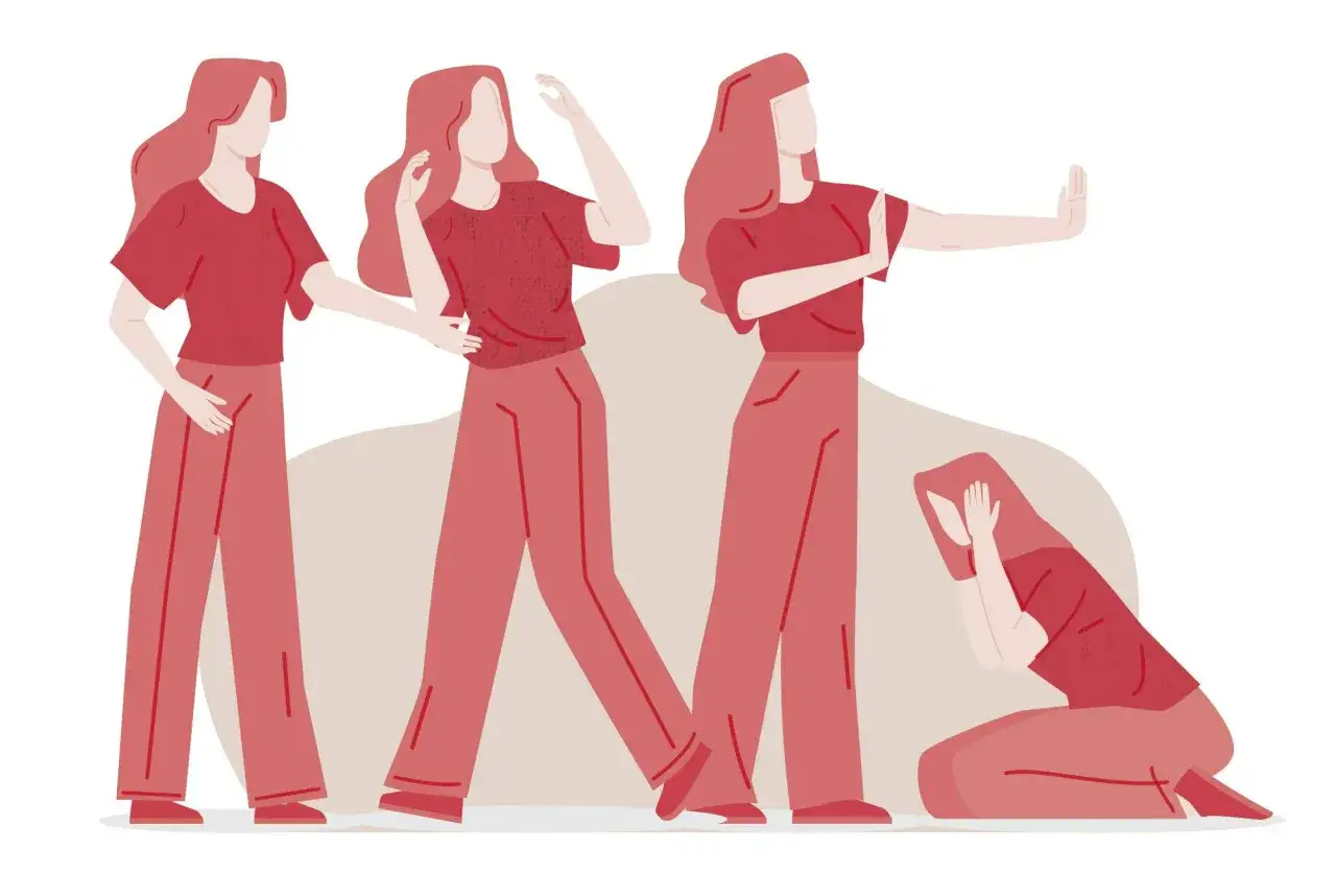 Tre kvinnor. En st&aring;r med armarna ut&aring;t, en annan med handen framf&ouml;r ansiktet, och en tredje kn&auml;b&ouml;jer med h&auml;nderna &ouml;ver huvudet. Illustration av undvikande anknytning.