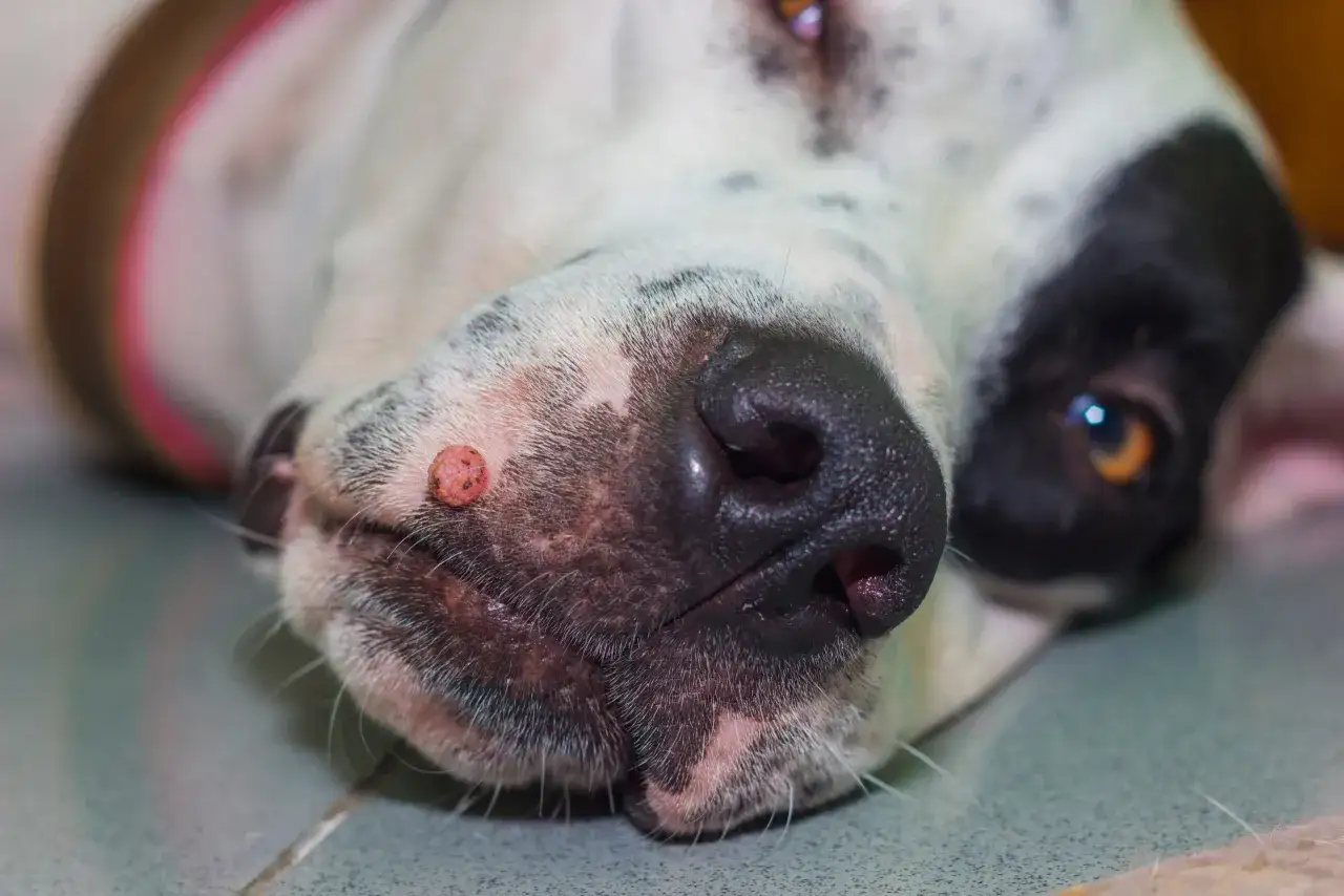 Primer plano del hocico de un perro blanco y negro con una verruga visible en su nariz.